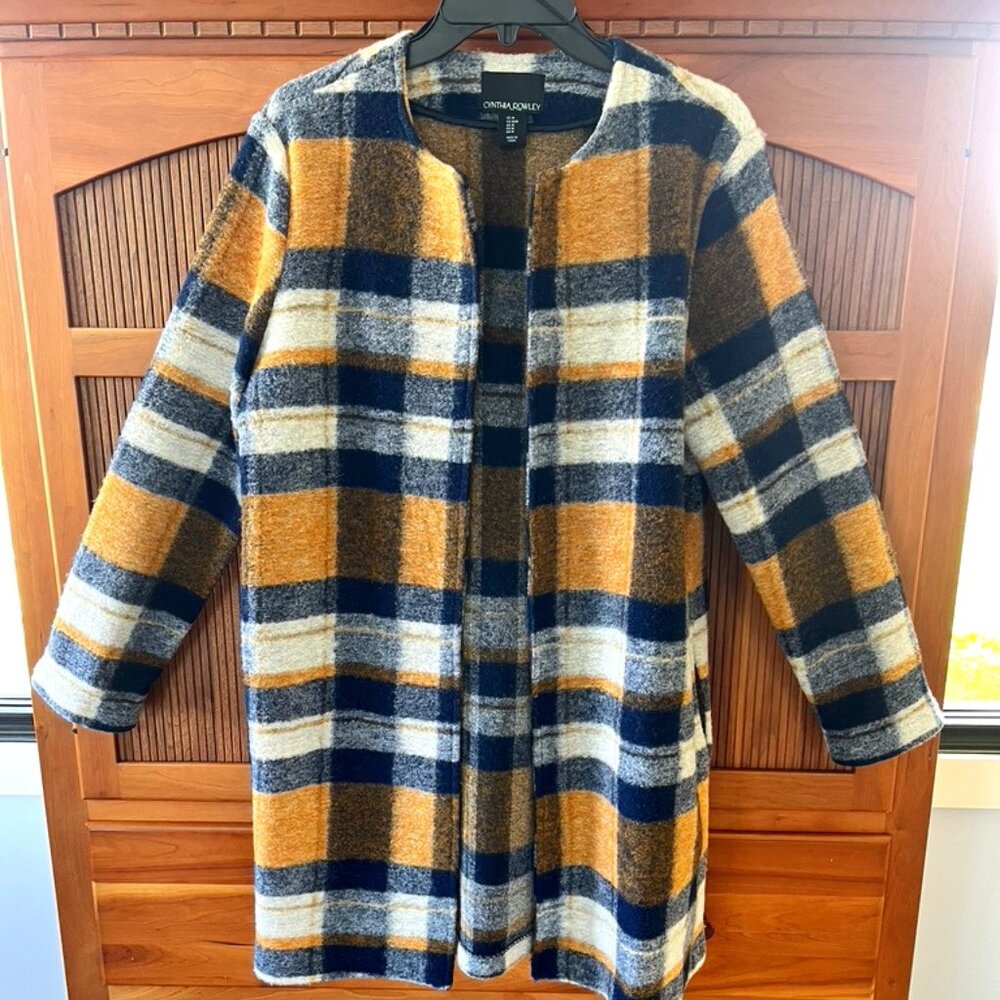 Navy Blue and Gold Plaid Cynthia Rowley Wool Blend Long Jacket, M